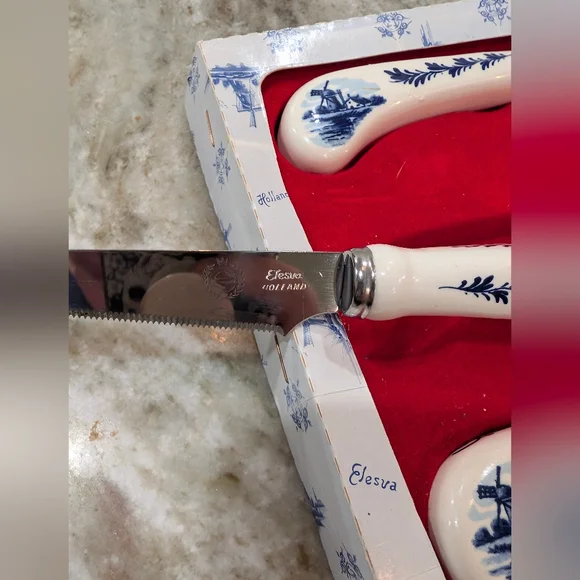 Delft Blue Amsterdam Holland Elesva Windmill Porcelain handle Set - Picture 4 of 6